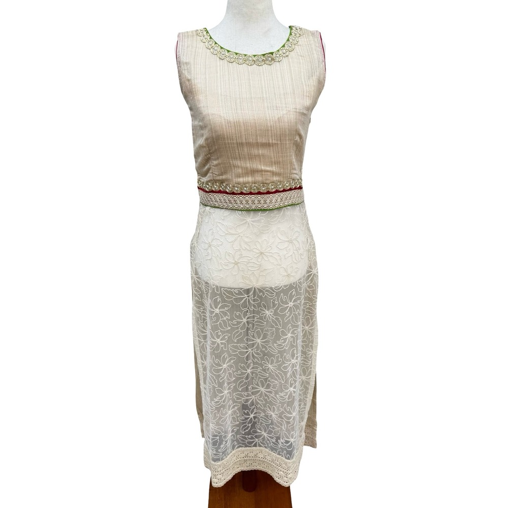 Bollywood‎ Elegant Formal Gold Texture Floral Lace Beaded Sleeveless Kurta Tunic
